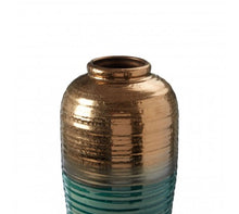 Load image into Gallery viewer, Ceramic Ribbed Gold and Turquoise Vase
