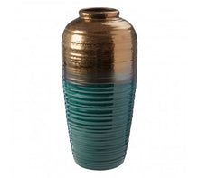 Load image into Gallery viewer, Ceramic Ribbed Gold and Turquoise Vase
