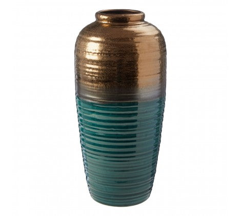 Ceramic Ribbed Gold and Turquoise Vase