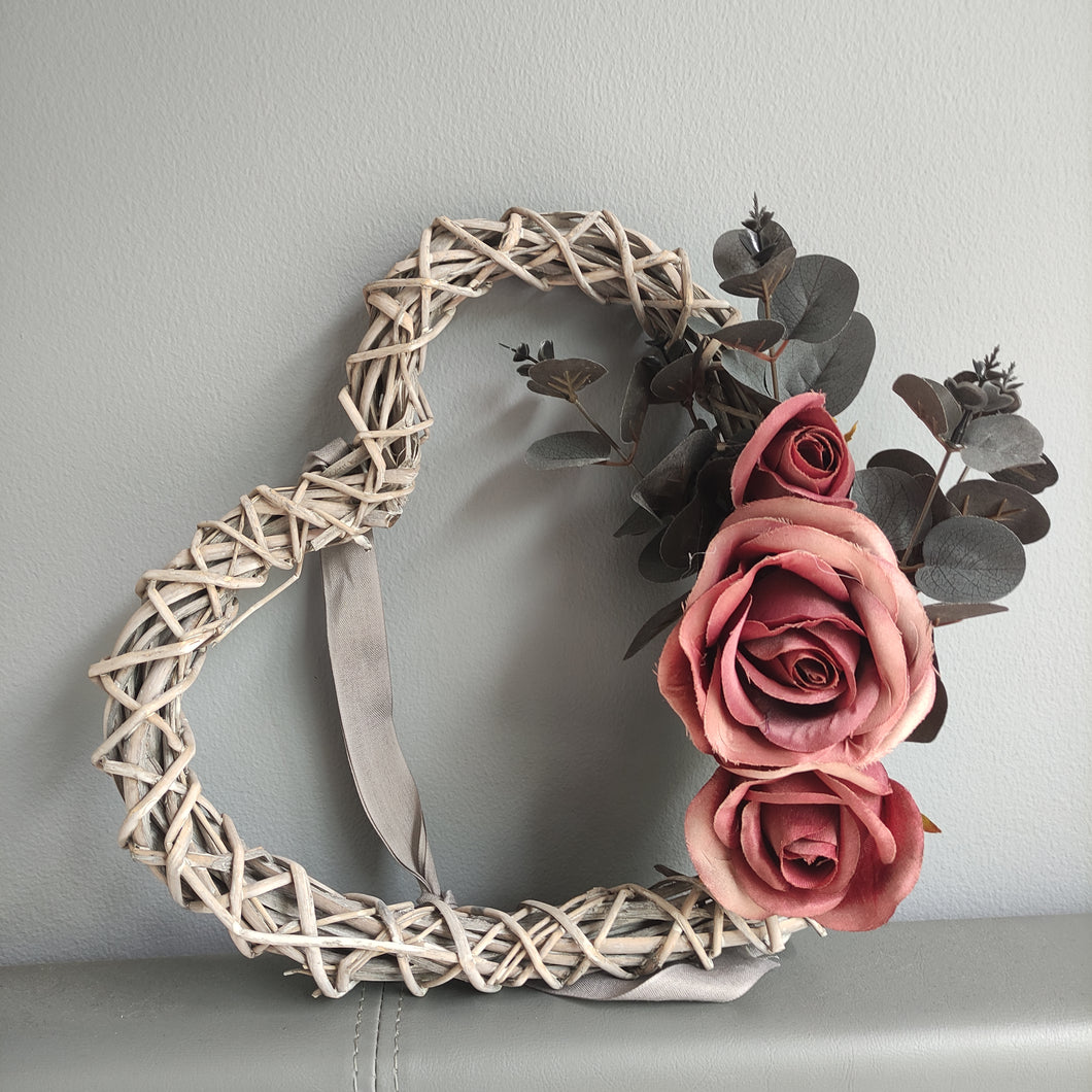 Large Wicker open heart - light grey with Dusky Pink Roses & Grey Eucalyptus Foliage