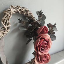 Load image into Gallery viewer, Large Wicker open heart - light grey with Dusky Pink Roses &amp; Grey Eucalyptus Foliage
