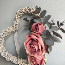 Load image into Gallery viewer, Large Wicker open heart - light grey with Dusky Pink Roses &amp; Grey Eucalyptus Foliage
